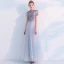 Elegant Grey Prom Dresses 2019 A-Line / Princess High Neck See-through Lace Flower Appliques Pearl Short Sleeve Floor-Length / Long Formal Dresses
