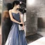 Charmant Océan Bleu Robe De Soirée 2019 Princesse Bustier Glitter Polyester Sans Manches Dos Nu Train De Balayage Robe De Ceremonie