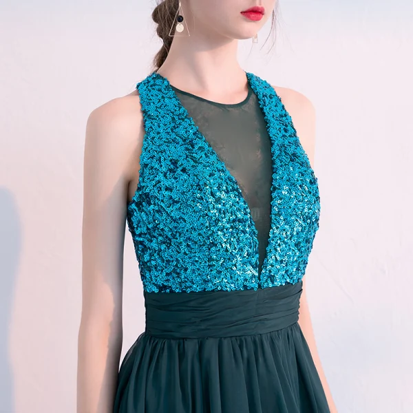 Scintillantes Vert Foncé Robe De Soirée 2019 Princesse Encolure Dégagée Paillettes Sans Manches Dos Nu Longue Robe De Ceremonie