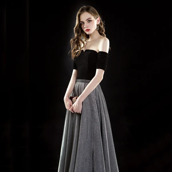 Elegant Svart Selskapskjoler 2019 Prinsesse Suede Av Skulderen Glitter Polyester Korte Ermer Ryggløse Lange Formelle Kjoler
