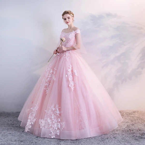 Chic / Belle Rose Bonbon Gonflée Robe De Bal 2018 Robe Boule En Dentelle Appliques Paillettes De l'épaule Dos Nu 1/2 Manches Longue Robe De Ceremonie