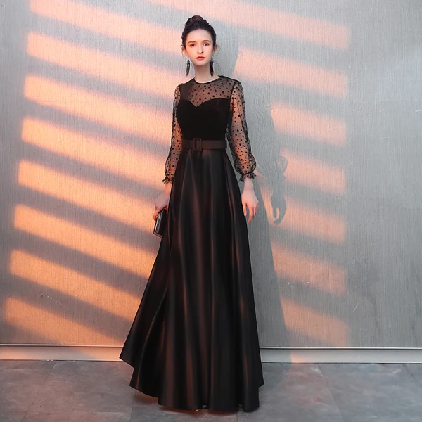 Elegant Black Evening Dresses 2019 A-Line / Princess Scoop Neck Suede Spotted Sash Long Sleeve Floor-Length / Long Formal Dresses