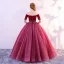 Élégant Bordeaux Robe De Bal 2019 Princesse De l'épaule Daim Fleur Perle En Dentelle Manches Courtes Dos Nu Longue Robe De Ceremonie