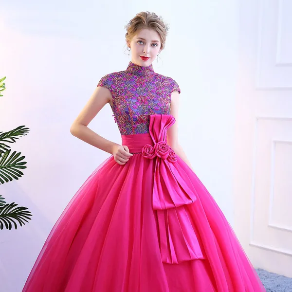 Vintage / Retro Fuchsia Prom Dresses 2019 Ball Gown High Neck Lace Flower Sequins Bow Short Sleeve Floor-Length / Long Formal Dresses