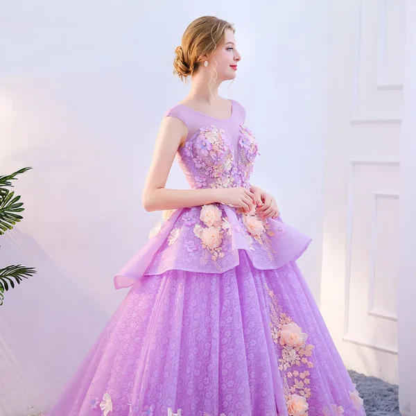 Chic / Beautiful Lilac Prom Dresses 2019 A-Line / Princess Scoop Neck Appliques Lace Flower Pearl Backless Sleeveless Chapel Train Formal Dresses