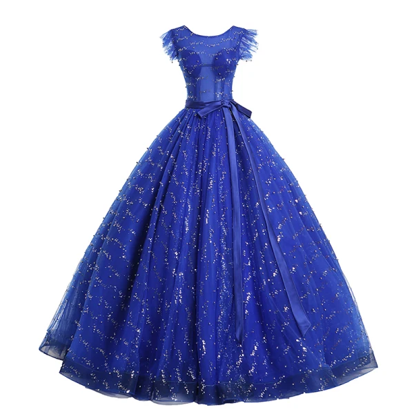 Chic / Beautiful Royal Blue Prom Dresses 2019 A-Line / Princess Scoop Neck Bow Pearl Sequins Sleeveless Backless Floor-Length / Long Formal Dresses