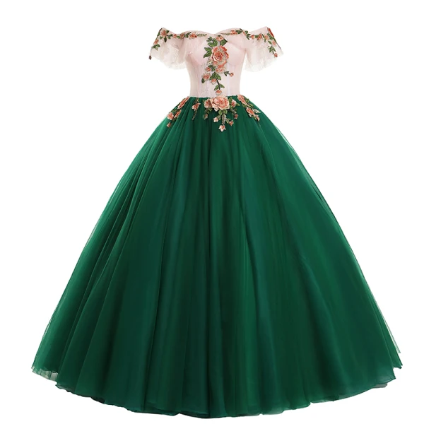 Vintage Retro Dark Green Prom Dresses 2019 Ball Gown Appliques Lace Off-The-Shoulder