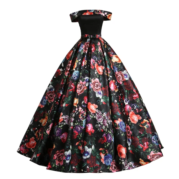 Vintage / Retro Multi-Colors Printing Prom Dresses 2019 Ball Gown Off-The-Shoulder Bow Short Sleeve Backless Floor-Length / Long Formal Dresses