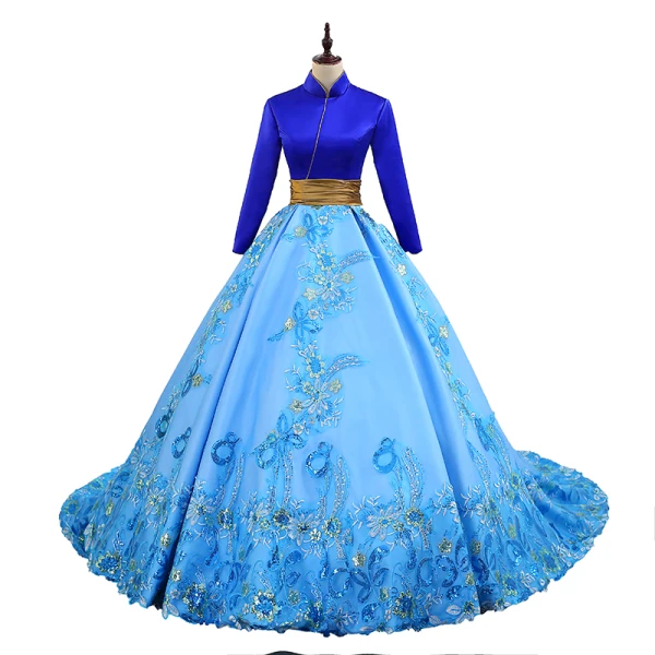 Vintage / Originale Bleu Robe De Bal 2019 Princesse Col Haut En Dentelle Fleur Paillettes Manches Longues Dos Nu Chapel Train Robe De Ceremonie