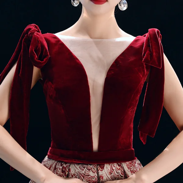 Elegant Burgundy Evening Dresses 2019 A-Line / Princess Square Neckline Suede Sleeveless Backless Printing Floor-Length / Long Formal Dresses