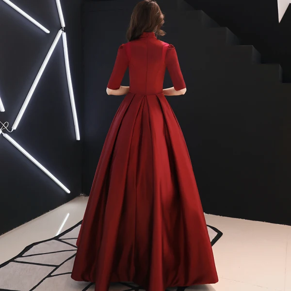 Vintage / Retro Modest / Simple Burgundy Prom Dresses 2019 A-Line / Princess High Neck 1/2 Sleeves Floor-Length / Long Formal Dresses