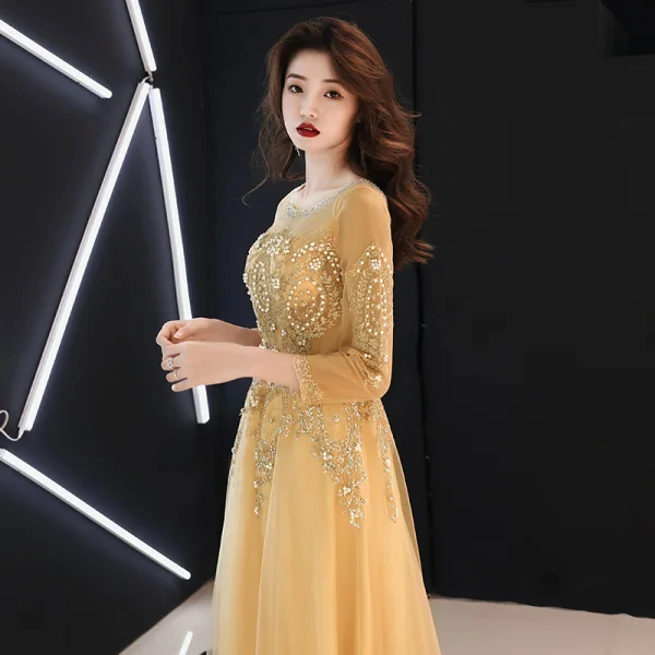 Chic / Beautiful Gold Evening Dresses 2019 A-Line / Princess Scoop Neck Beading Pearl Lace Flower Rhinestone 3/4 Sleeve Backless Floor-Length / Long Formal Dresses