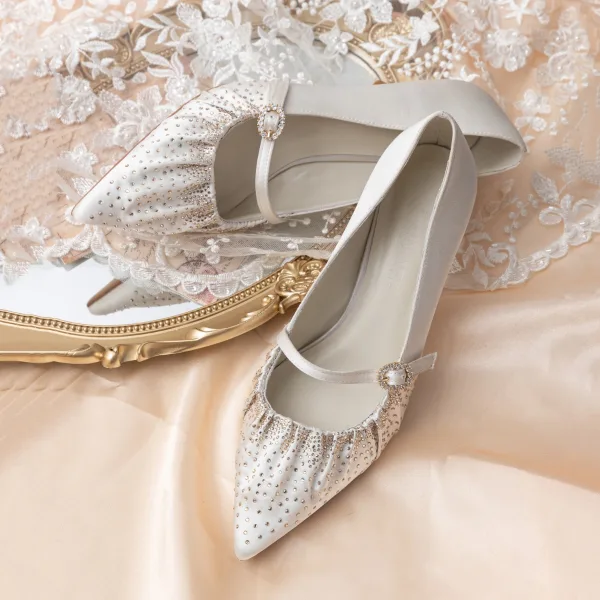 Elegant White Wedding Rhinestone Satin Wedding Shoes 2021 7 cm Stiletto Heels Pointed Toe Pumps High Heels