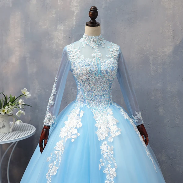 Chic / Beautiful Pool Blue Quinceañera Prom Dresses 2018 Ball Gown Lace Appliques Beading High Neck Backless Long Sleeve Floor-Length / Long Formal Dresses