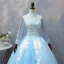 Chic / Beautiful Pool Blue Quinceañera Prom Dresses 2018 Ball Gown Lace Appliques Beading High Neck Backless Long Sleeve Floor-Length / Long Formal Dresses