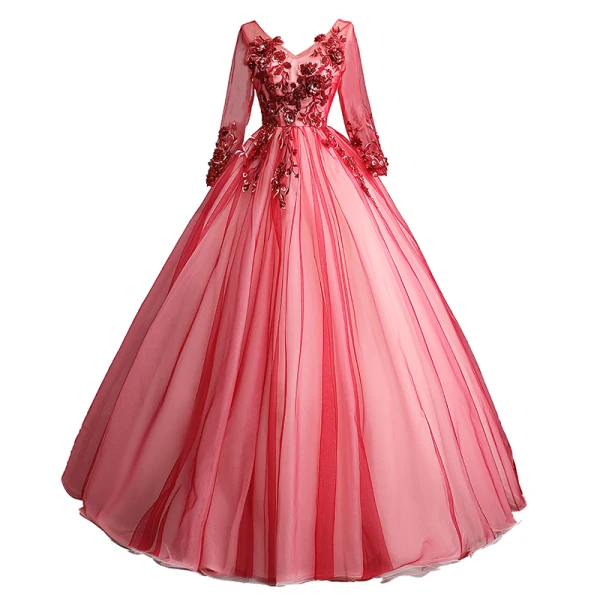 Vintage / Retro Burgundy Prom Dresses 2019 A-Line / Princess V-Neck Beading Pearl Crystal Lace Flower Appliques Long Sleeve Backless Floor-Length / Long Formal Dresses