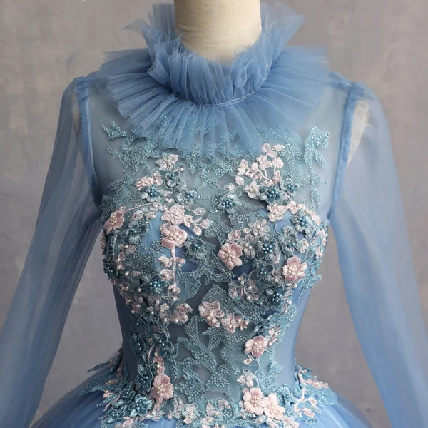 Vintage / Retro Sky Blue 2019 A-Line / Princess Formal Dresses High Neck Beading Pearl Appliques Lace Long Sleeve Backless Floor-Length / Long Prom Dresses