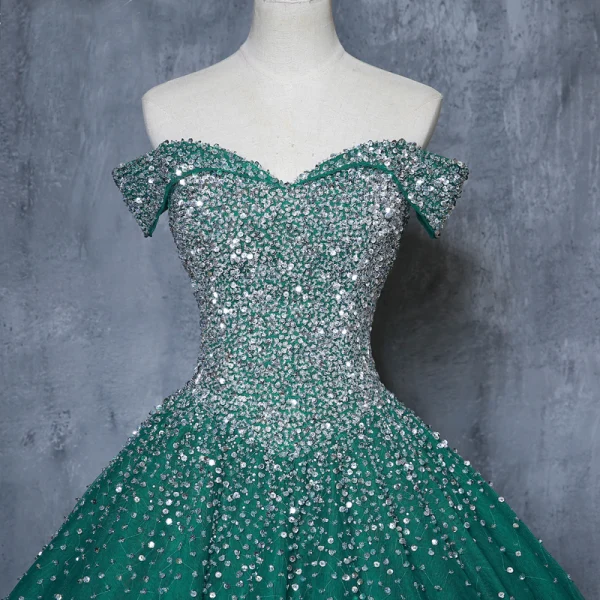 Vintage / Retro Dark Green Handmade  Beading Prom Dresses 2019 A-Line / Princess Off-The-Shoulder Sequins Sleeveless Backless Floor-Length / Long Formal Dresses