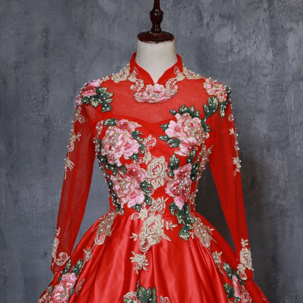 Chinese style Red Prom Dresses 2019 A-Line / Princess High Neck Appliques Lace Pearl 3/4 Sleeve Backless Floor-Length / Long Formal Dresses