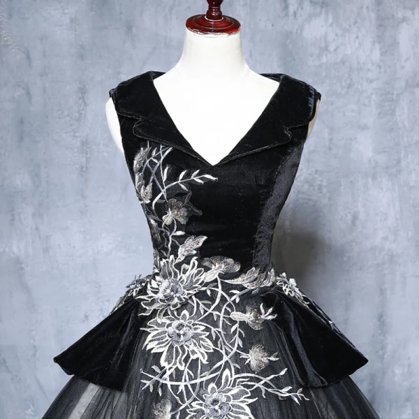Elegant Black Prom Dresses 2019 Ball Gown V-Neck Suede Appliques Lace Crystal Sleeveless Backless Floor-Length / Long Formal Dresses