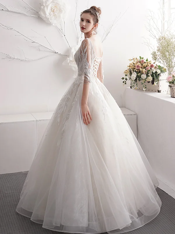 Chic / Beautiful Ivory Wedding Dresses 2019 A-Line / Princess V-Neck Beading Pearl Lace Flower 3/4 Sleeve Backless Floor-Length / Long