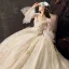 Audrey Hepburn Style Champagne Wedding Dresses 2019 Ball Gown V-Neck Lace Flower Bell sleeves Backless Royal Train