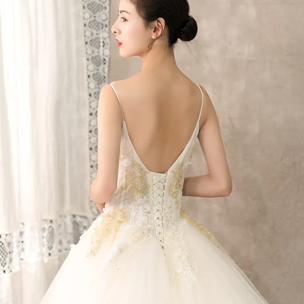 Charming Champagne Wedding Dresses 2019 A-Line / Princess Spaghetti Straps Beading Pearl Lace Flower Sleeveless Backless Royal Train