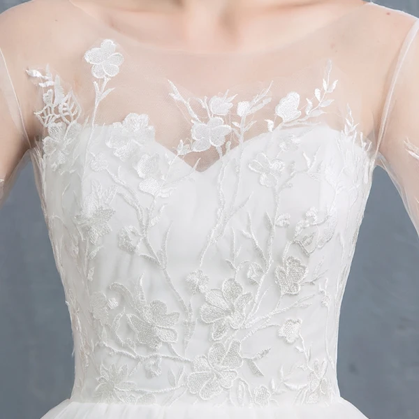 Affordable Ivory Wedding Dresses 2019 A-Line / Princess Scoop Neck Lace Flower 1/2 Sleeves Backless Court Train