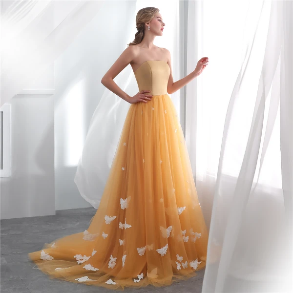 Chic / Beautiful Orange Prom Dresses 2019 A-Line / Princess Strapless Butterfly Appliques Bow Sleeveless Backless Sweep Train Formal Dresses