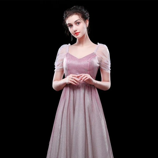 Chic / Beautiful Gradient-Color Candy Pink Evening Dresses 2019 A-Line / Princess V-Neck Glitter Polyester Short Sleeve Floor-Length / Long Formal Dresses