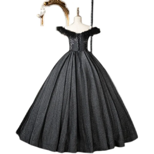 Vintage / Retro Black Quinceañera Prom Dresses 2021 Ball Gown Ruffle Off-The-Shoulder Beading Sequins Lace Flower Sleeveless Backless Floor-Length / Long Formal Dresses