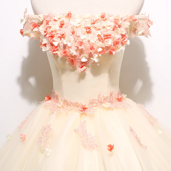 Chic / Beautiful Champagne Prom Dresses 2019 Ball Gown Off-The-Shoulder Lace Flower Appliques Short Sleeve Backless Floor-Length / Long Formal Dresses