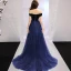 Schlicht Marineblau Abendkleider 2019 A Linie Off Shoulder Wildleder Kurze Ärmel Rückenfreies Sweep / Pinsel Zug Festliche Kleider