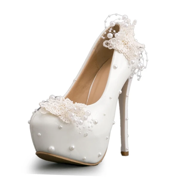 Chic / Beautiful Ivory Wedding Shoes 2019 Butterfly Lace Flower Pearl 14 cm Stiletto Heels Round Toe Wedding Pumps