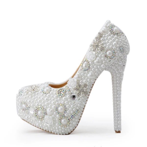 Chic / Beautiful White Wedding Shoes 2019 Appliques Pearl Rhinestone Crystal 14 cm Stiletto Heels Round Toe Wedding Pumps