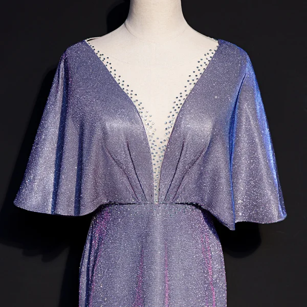 Charmant Traube Abendkleider 2019 Meerjungfrau Tiefer V-Ausschnitt Glanz Polyester Strass 1/2 Ärmel Lange Festliche Kleider