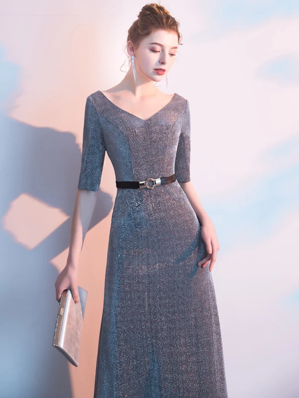 Élégant Gris Robe De Soirée 2019 Empire V-Cou Glitter Polyester Ceinture 1/2 Manches Dos Nu Longue Robe De Ceremonie
