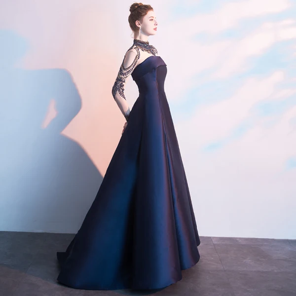 Vintage / Retro Navy Blue Evening Dresses  2019 A-Line / Princess High Neck Beading Crystal Long Sleeve Floor-Length / Long Formal Dresses