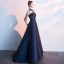 Vintage / Retro Navy Blue Evening Dresses  2019 A-Line / Princess High Neck Beading Crystal Long Sleeve Floor-Length / Long Formal Dresses
