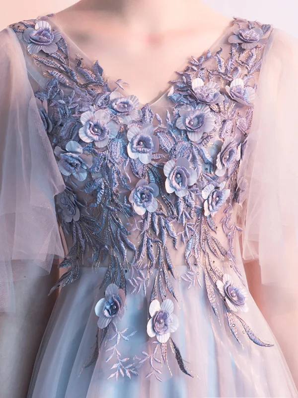 Chic / Beautiful Grey Evening Dresses  2019 A-Line / Princess V-Neck Appliques Pearl Lace Flower Short Sleeve Backless Floor-Length / Long Formal Dresses