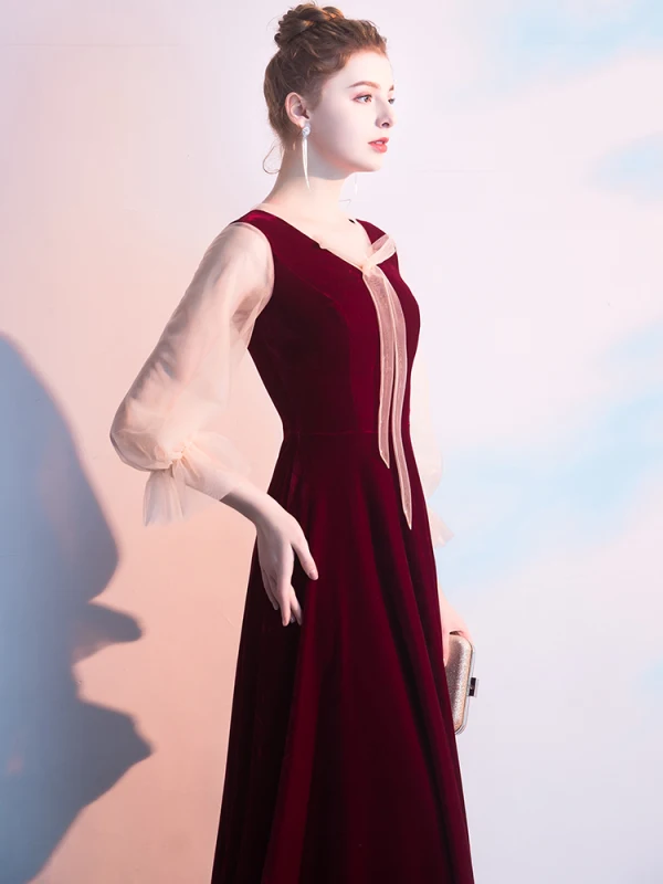 Chic / Beautiful Burgundy Evening Dresses  2019 A-Line / Princess V-Neck Long Sleeve Floor-Length / Long Formal Dresses