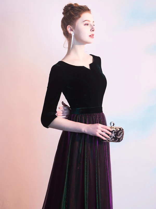 Elegant Black Evening Dresses  2019 A-Line / Princess Scoop Neck Suede 1/2 Sleeves Floor-Length / Long Formal Dresses