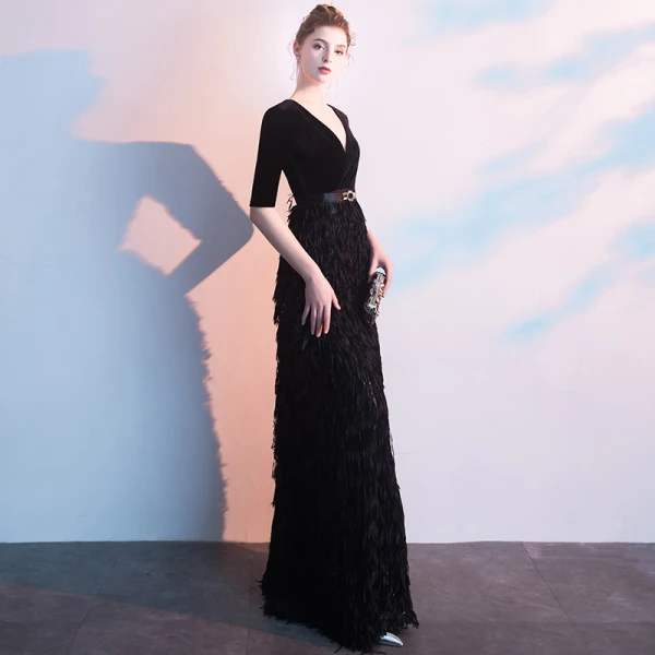 Charming Black Evening Dresses 2019 A-Line / Princess Deep V-Neck Suede Tassel Sash 1/2 Sleeves Floor-Length / Long Formal Dresses