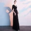 Charming Black Evening Dresses  2019 A-Line / Princess Deep V-Neck Suede Tassel Sash 1/2 Sleeves Floor-Length / Long Formal Dresses