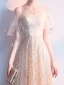 Charming Champagne Evening Dresses  2019 A-Line / Princess Square Neckline Sequins Sash Short Sleeve Backless Floor-Length / Long Formal Dresses