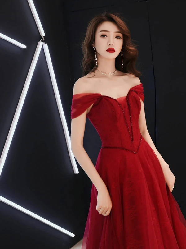 Chic / Beautiful Burgundy Evening Dresses 2019 A-Line / Princess Off-The-Shoulder Beading Crystal Sleeveless Backless Floor-Length / Long Formal Dresses