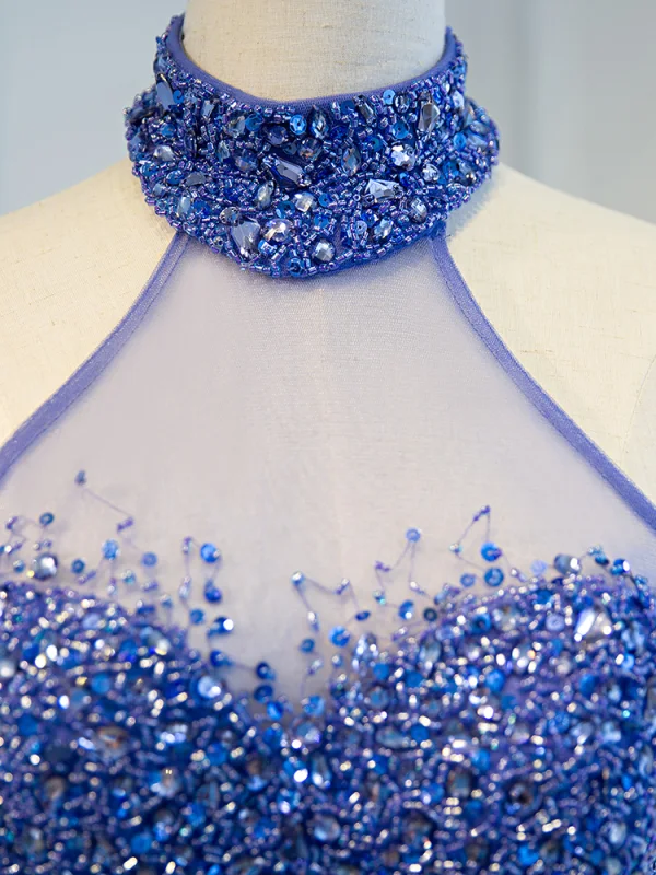 Luxe Océan Bleu Fait main Perlage Robe De Soirée 2019 Trompette / Sirène Titulaire Cristal Paillettes Sans Manches Train De Balayage Robe De Ceremonie