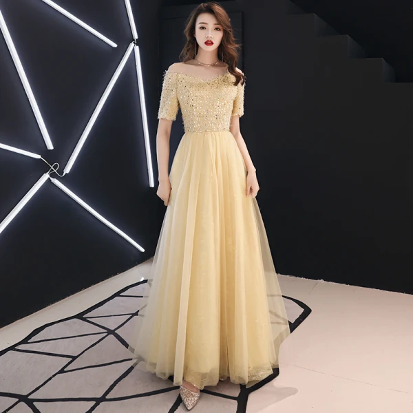 Modern / Fashion Gold Evening Dresses 2019 A-Line / Princess Off-The-Shoulder Sequins Tassel Short Sleeve Floor-Length / Long Formal Dresses