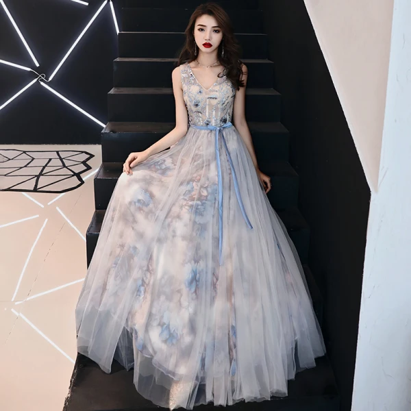 Chic / Beautiful Grey Evening Dresses 2019 A-Line / Princess V-Neck Crystal Lace Flower Bow Sleeveless Backless Floor-Length / Long Formal Dresses