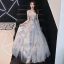Chic / Beautiful Grey Evening Dresses  2019 A-Line / Princess V-Neck Crystal Lace Flower Bow Sleeveless Backless Floor-Length / Long Formal Dresses